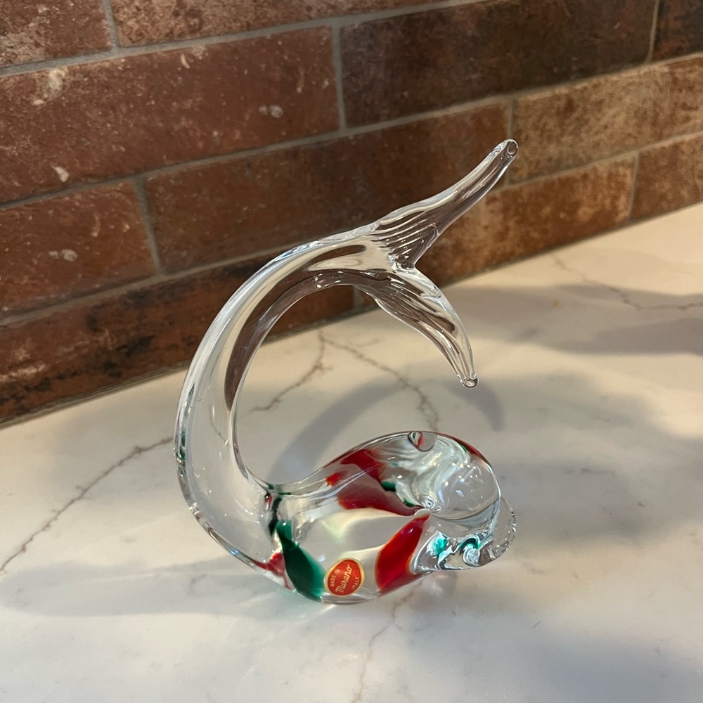 Murano Glass Dolphin with Red and Green Highlights